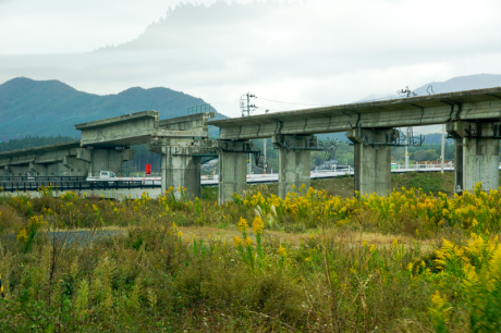 上写真の橋梁の反対側面を柳津側から眺めたところ。橋脚はしっかりしているので、BRT専用道としての復活ならただちにできそうな気もするが。