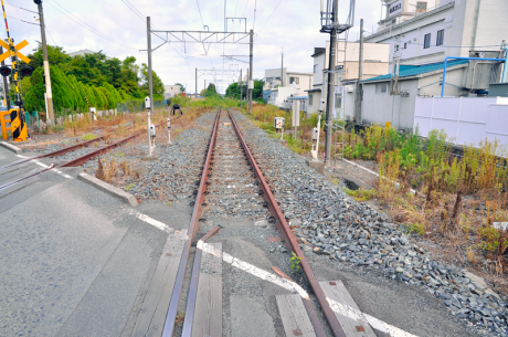 原ノ町駅南側にある踏切より東京方向を眺めた光景。線路の先は雑草に覆われているが、小高駅までは2016年春に復旧する予定とのことなので、まもなく線路の整備が始まることだろう。