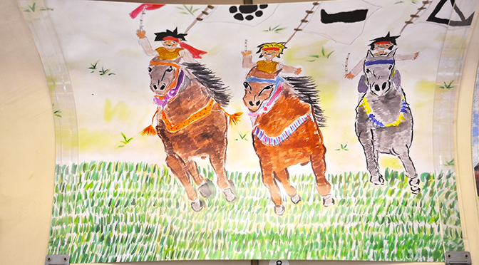 電車内で開催されていた野馬追の絵画展