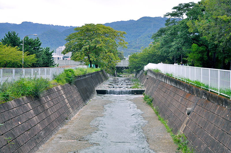 天井川である石屋川を高架線で越えるJR東海道本線(神戸線)を、下流側から上流方向に眺めた写真。現在は線路が高架橋で川の上を越えているため、このアングルだと一見普通の川に見えるが、左右の土手の外側の地面は、この川の水底よりはるか下にある。