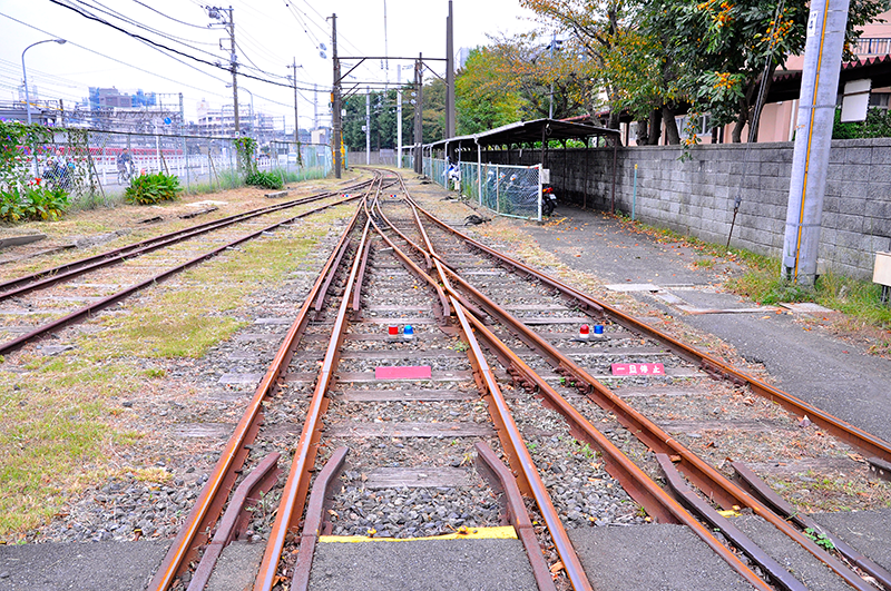 上の写真と同じ場所から眺めた手前が共通レール側へ分岐するタイプ。直線側の共通レールに固定クロッシングが2つ入っている。ちなみにこの場所は工場との位置の関係で反対側へカメラを向けることができないため、対向側の写真が撮れないのが残念だ。