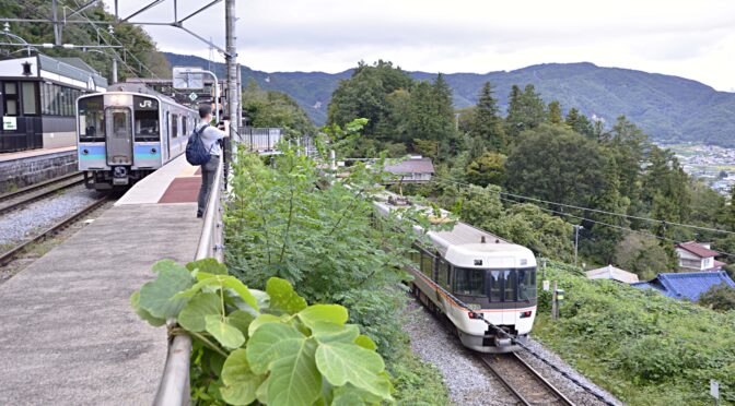 信州千曲のJR姨捨駅スイッチバック線路を眺める